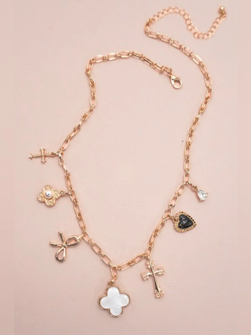 JOSSLYN by Wall to Wall Gold Charm Necklace with Clover Bow Cross Heart Flower - Picture 1 of 1